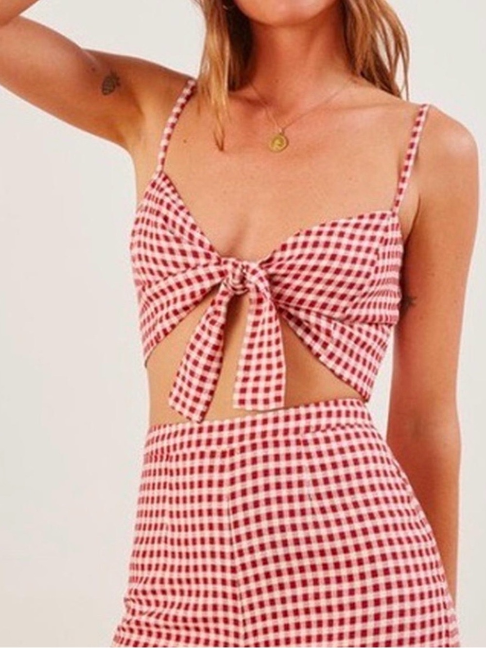 Reformation Pink and White Gingham Tie-Front Camisole